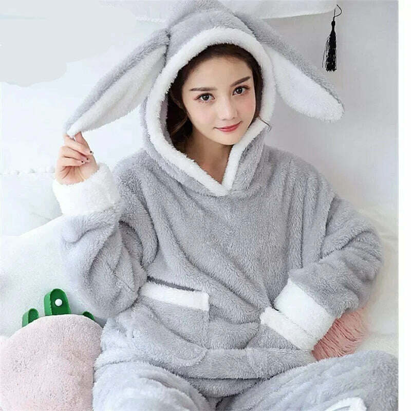 KIMLUD, Winter Thick Warm Coral Flannel Nightwear Femme Leisure Elegant Cute Pajama Women Pyjamas Sets Sleepwear Suit Hooded Fashion, KIMLUD Womens Clothes