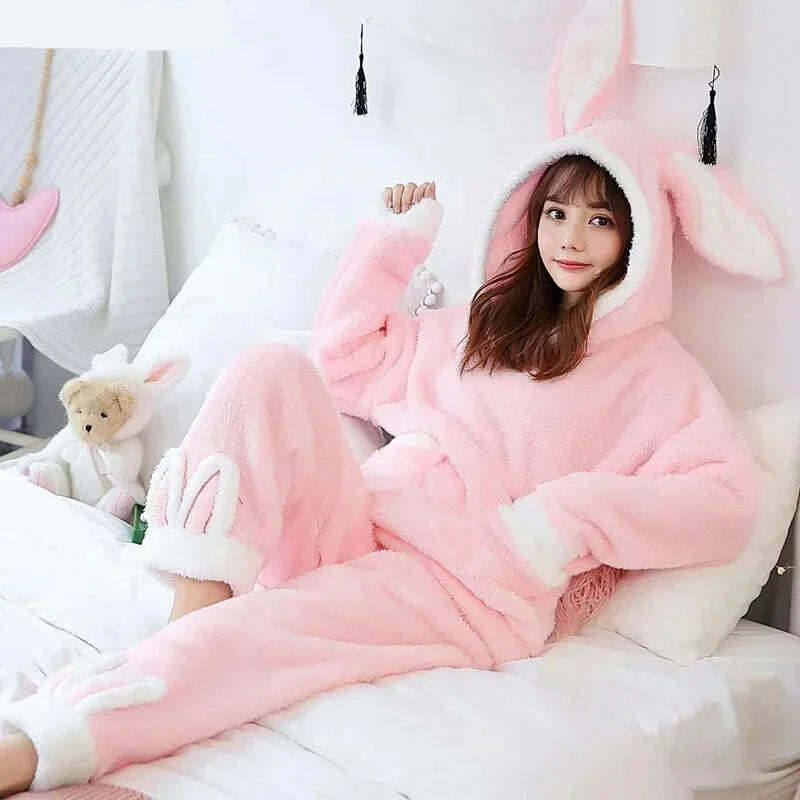 KIMLUD, Winter Thick Warm Coral Flannel Nightwear Femme Leisure Elegant Cute Pajama Women Pyjamas Sets Sleepwear Suit Hooded Fashion, KIMLUD Womens Clothes