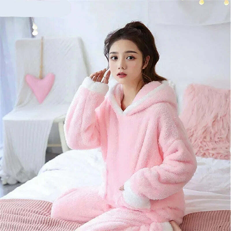 KIMLUD, Winter Thick Warm Coral Flannel Nightwear Femme Leisure Elegant Cute Pajama Women Pyjamas Sets Sleepwear Suit Hooded Fashion, KIMLUD Womens Clothes