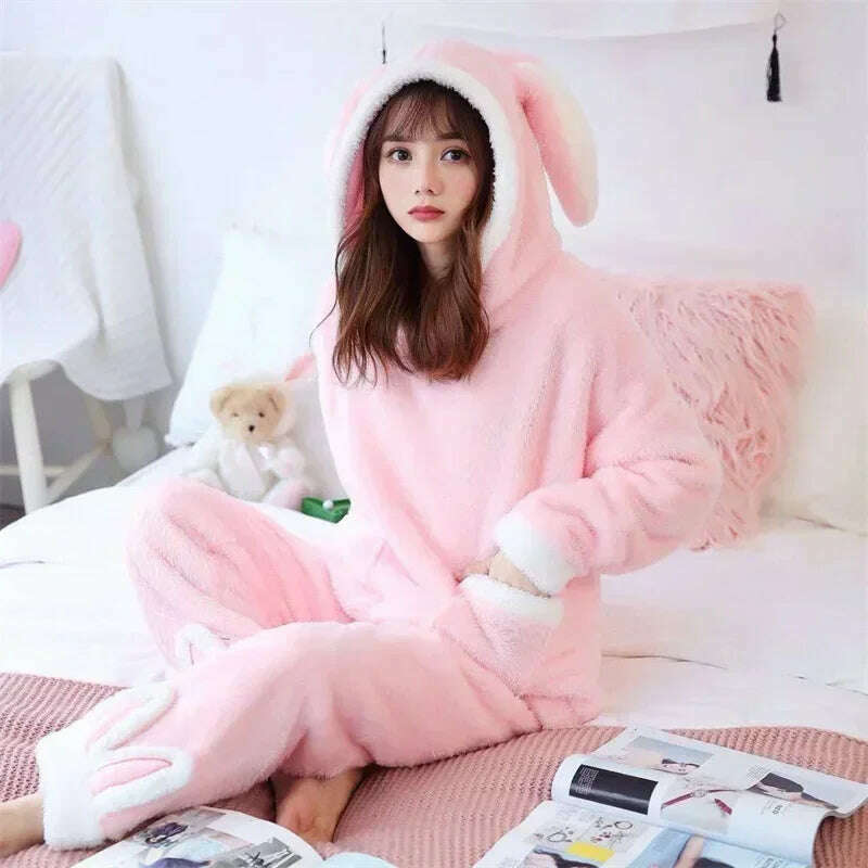 KIMLUD, Winter Thick Warm Coral Flannel Nightwear Femme Leisure Elegant Cute Pajama Women Pyjamas Sets Sleepwear Suit Hooded Fashion, pink / M, KIMLUD APPAREL - Womens Clothes