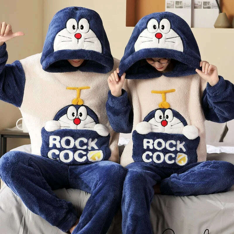 KIMLUD, Winter Thicken Couples Pajamas Sets Sleepwear Adult Cartoon Cat Kawaii Women Men Anime Pyjamas Korean Hoodie Suits Nightgown, 4412 / WOMEN-M, KIMLUD APPAREL - Womens Clothes