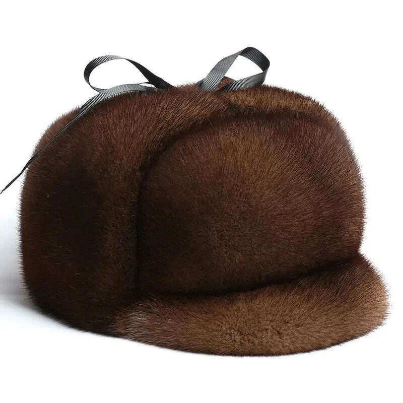 Winter Thickened Genuine Mink Fur Bomber Hat For Man Black/Brown Tag Elderly Ear Warm Chapeau Motorcycle Russian Style Mink Caps - KIMLUD