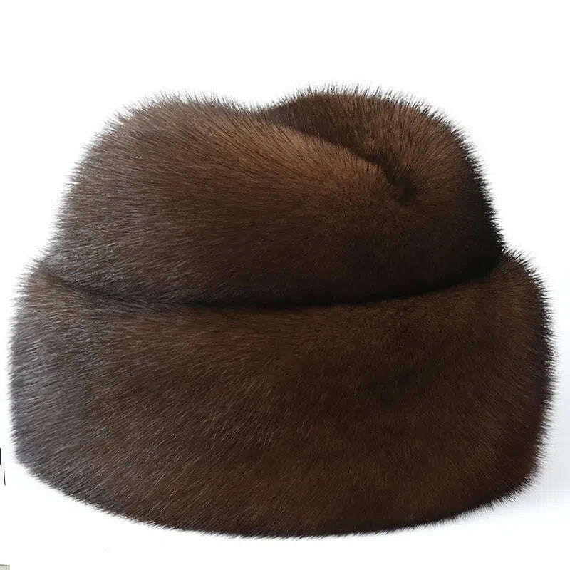 Winter Thickened Genuine Mink Fur Bomber Hat For Man Black/Brown Tag Elderly Ear Warm Chapeau Motorcycle Russian Style Mink Caps - KIMLUD