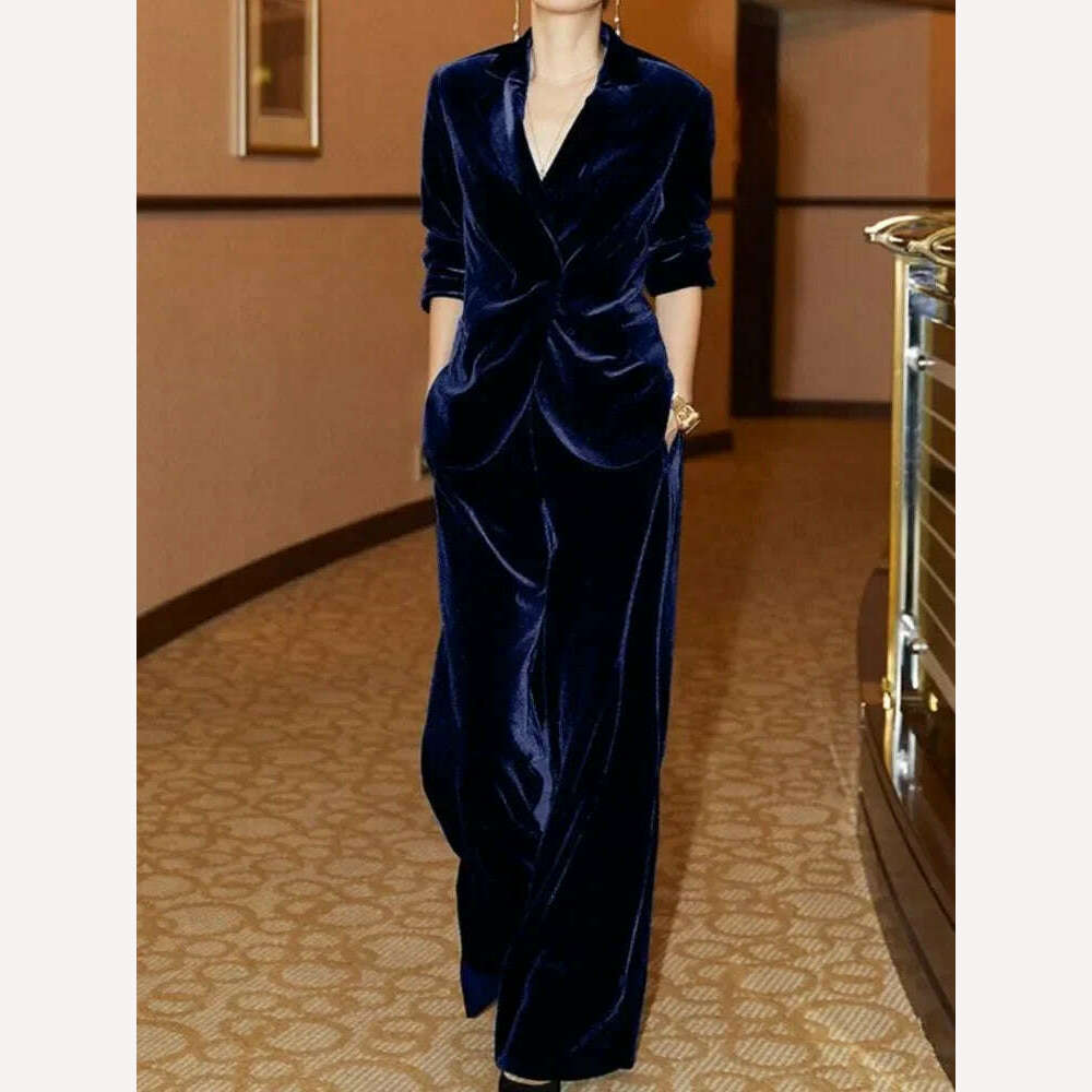 KIMLUD, Winter Vintage Elegant New 2 Piece Set Women Velvet Pantsuits Retro Slim Solid Jackets High Waist Pants Female Casual Sets 2024, Blue / S, KIMLUD APPAREL - Womens Clothes