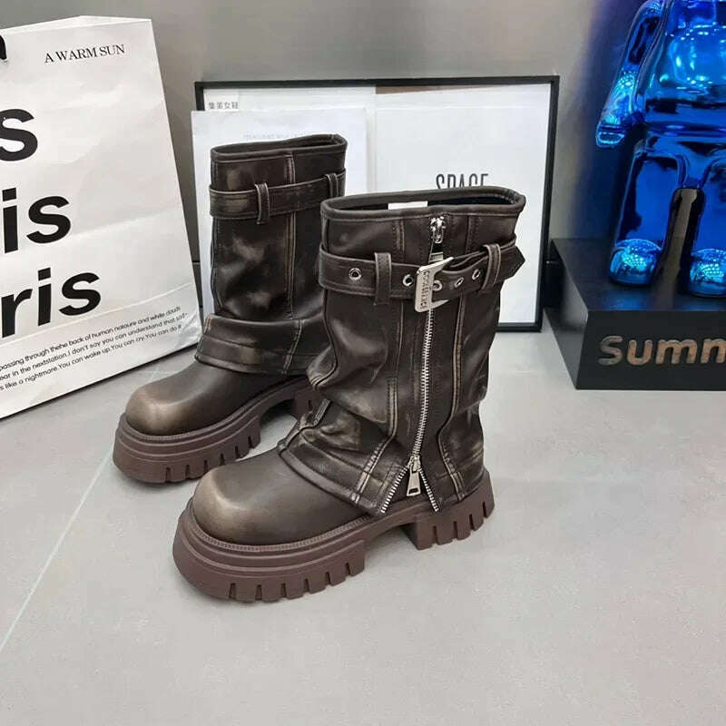 Winter Women Biker Boots Fashion Belt Buckle Ladies Elegant Platform Flats Mid Calf Booties Casual Women's Knight Booties - KIMLUD