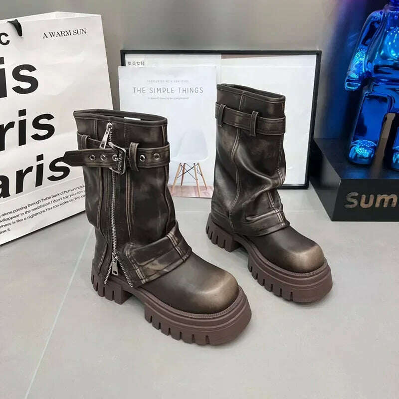 Winter Women Biker Boots Fashion Belt Buckle Ladies Elegant Platform Flats Mid Calf Booties Casual Women's Knight Booties - KIMLUD