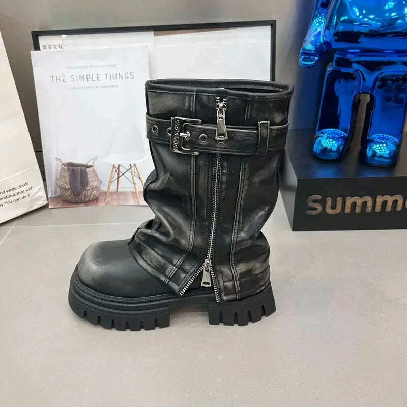 Winter Women Biker Boots Fashion Belt Buckle Ladies Elegant Platform Flats Mid Calf Booties Casual Women's Knight Booties - KIMLUD