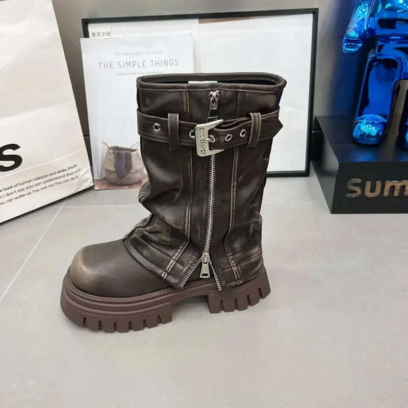 Winter Women Biker Boots Fashion Belt Buckle Ladies Elegant Platform Flats Mid Calf Booties Casual Women's Knight Booties - KIMLUD