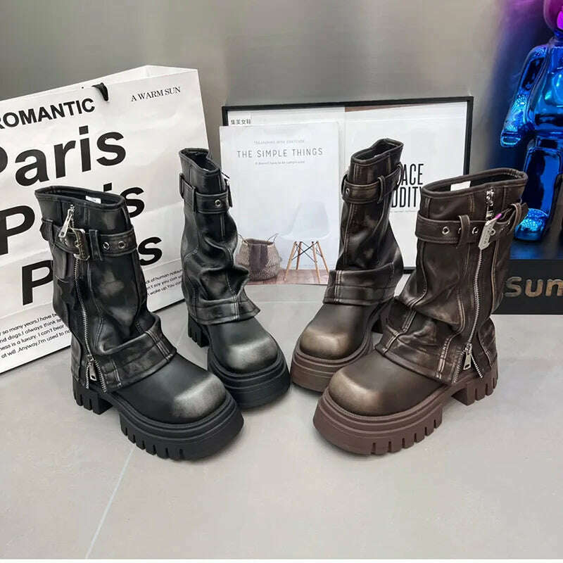 Winter Women Biker Boots Fashion Belt Buckle Ladies Elegant Platform Flats Mid Calf Booties Casual Women's Knight Booties - KIMLUD