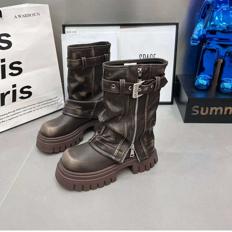 Winter Women Biker Boots Fashion Belt Buckle Ladies Elegant Platform Flats Mid Calf Booties Casual Women's Knight Booties - KIMLUD