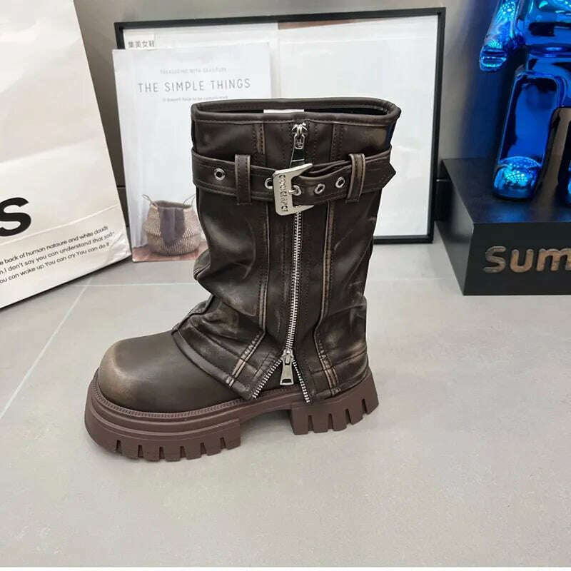 Winter Women Biker Boots Fashion Belt Buckle Ladies Elegant Platform Flats Mid Calf Booties Casual Women's Knight Booties - KIMLUD