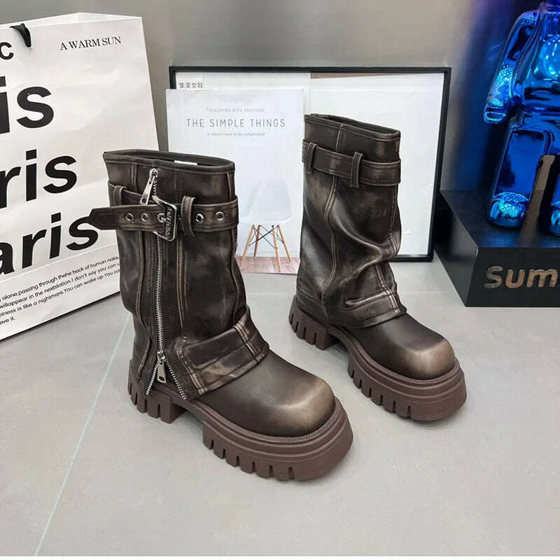 Winter Women Biker Boots Fashion Belt Buckle Ladies Elegant Platform Flats Mid Calf Booties Casual Women's Knight Booties - KIMLUD