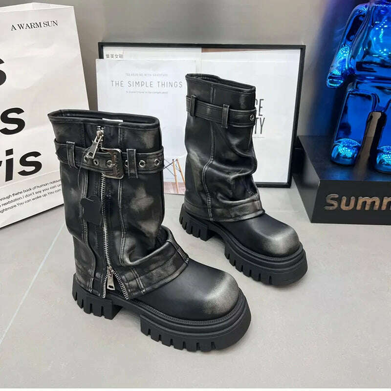 Winter Women Biker Boots Fashion Belt Buckle Ladies Elegant Platform Flats Mid Calf Booties Casual Women's Knight Booties - KIMLUD