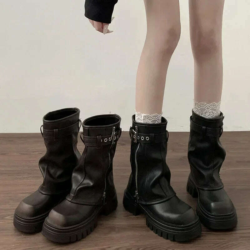 Winter Women Biker Boots Fashion Belt Buckle Ladies Elegant Platform Flats Short Booties Casual Women's Knight Booties - KIMLUD