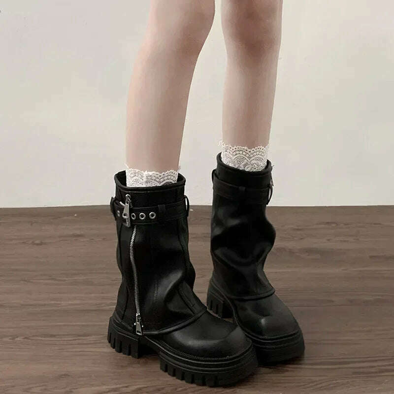 Winter Women Biker Boots Fashion Belt Buckle Ladies Elegant Platform Flats Short Booties Casual Women's Knight Booties - KIMLUD