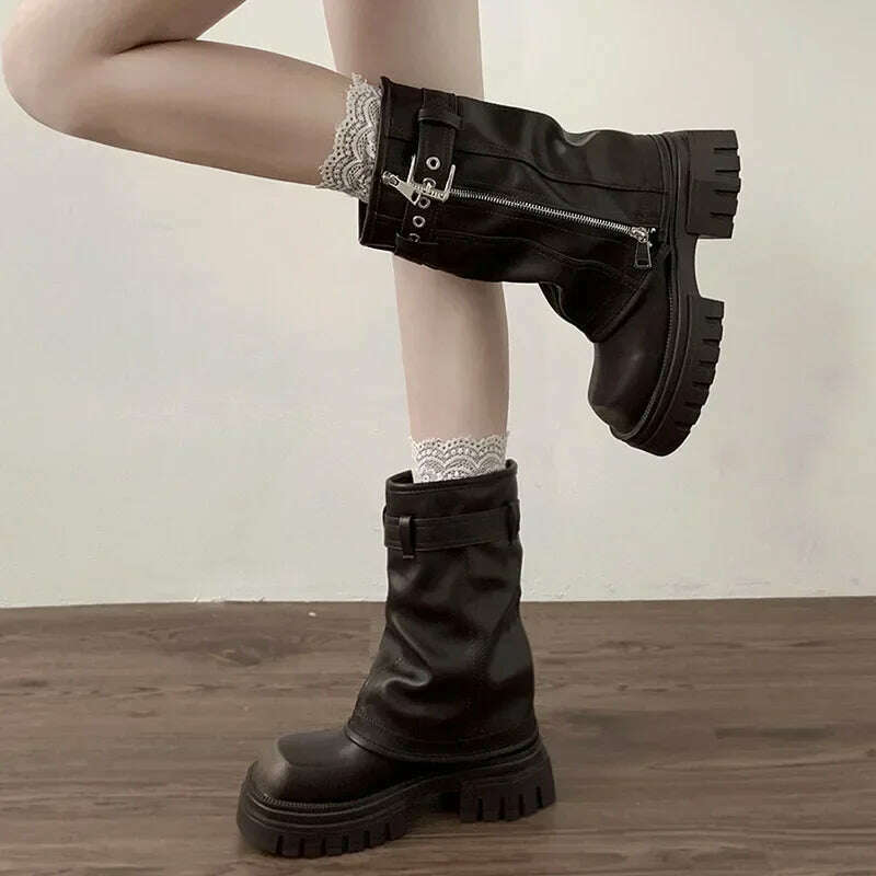 Winter Women Biker Boots Fashion Belt Buckle Ladies Elegant Platform Flats Short Booties Casual Women's Knight Booties - KIMLUD
