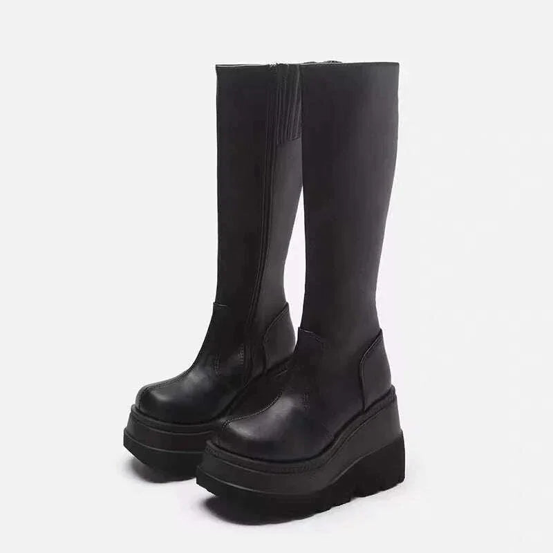 KIMLUD, Winter Women Boots Mid-calf Wedge High Heel Platform Lace Up Zip Ladies Pumps Female Punk Gothic Motorcycle Black Round Toe Shoe, KIMLUD Womens Clothes