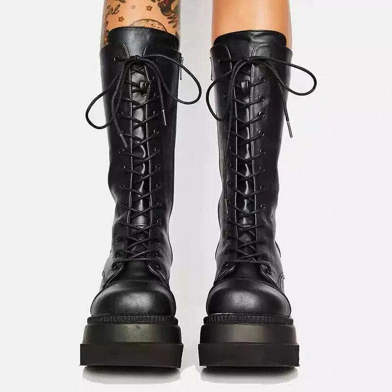 KIMLUD, Winter Women Boots Mid-calf Wedge High Heel Platform Lace Up Zip Ladies Pumps Female Punk Gothic Motorcycle Black Round Toe Shoe, KIMLUD Womens Clothes
