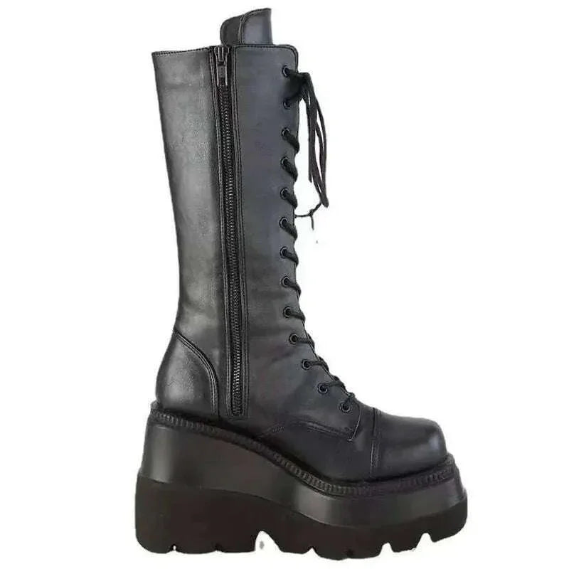KIMLUD, Winter Women Boots Mid-calf Wedge High Heel Platform Lace Up Zip Ladies Pumps Female Punk Gothic Motorcycle Black Round Toe Shoe, KIMLUD Womens Clothes