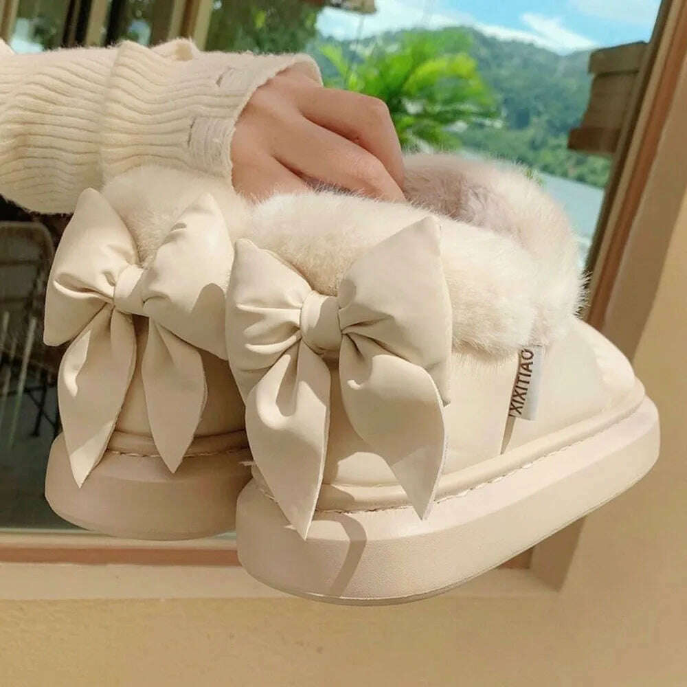 KIMLUD, Winter Women Cute Warm Ankle Boots Outdoor Non-slip Thick Sole Snow Boots Furry Bow Cotton Shoes Men Pu Waterproof Plush Boots, KIMLUD Womens Clothes