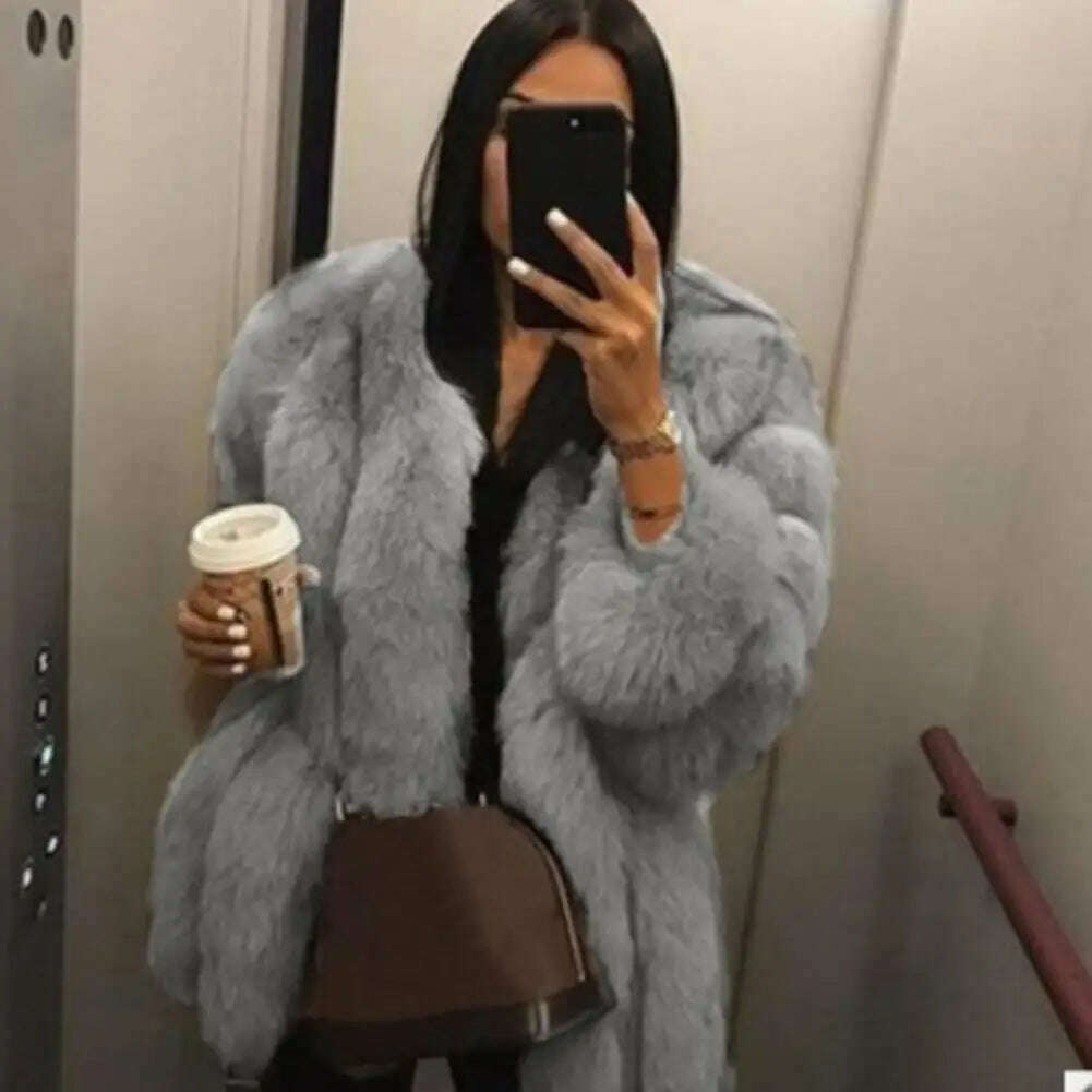 KIMLUD, Winter Women Faux Furs Coat Solid Color Long Sleeve Cardigan Jacket Thicken Open Stitch Fluffy Female Outerwear Women's Clothing, KIMLUD Womens Clothes