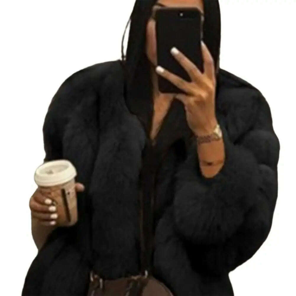 KIMLUD, Winter Women Faux Furs Coat Solid Color Long Sleeve Cardigan Jacket Thicken Open Stitch Fluffy Female Outerwear Women's Clothing, Black / 2XL, KIMLUD APPAREL - Womens Clothes