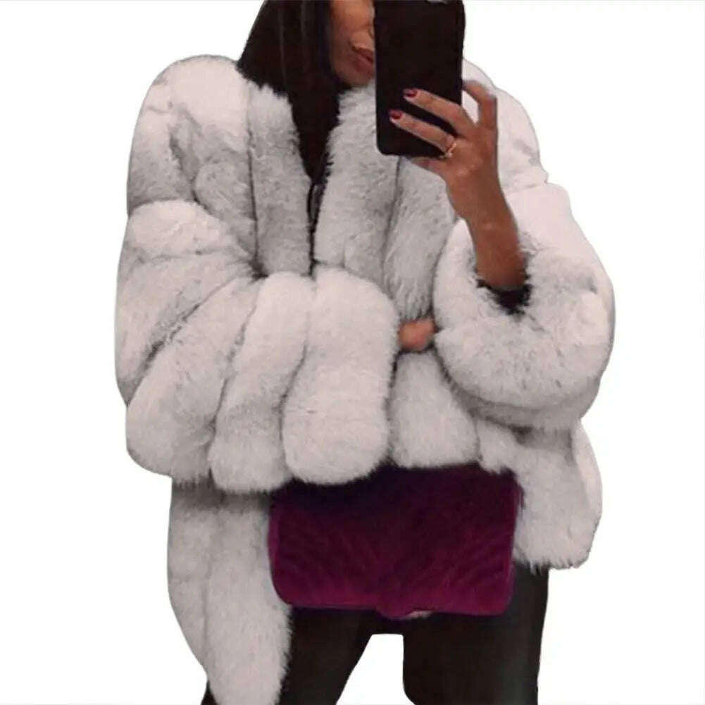 KIMLUD, Winter Women Faux Furs Coat Solid Color Long Sleeve Cardigan Jacket Thicken Open Stitch Fluffy Female Outerwear Women's Clothing, White / M, KIMLUD APPAREL - Womens Clothes