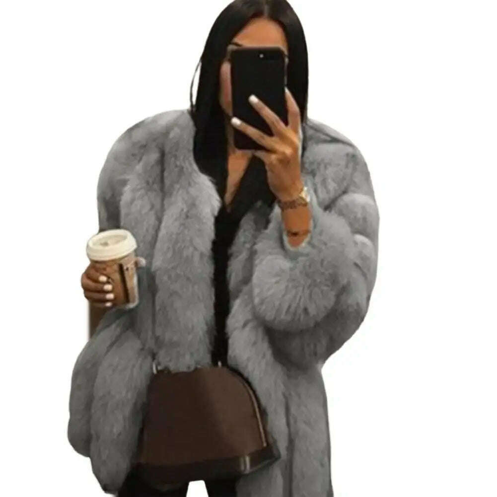 KIMLUD, Winter Women Faux Furs Coat Solid Color Long Sleeve Cardigan Jacket Thicken Open Stitch Fluffy Female Outerwear Women's Clothing, Grey / M, KIMLUD APPAREL - Womens Clothes