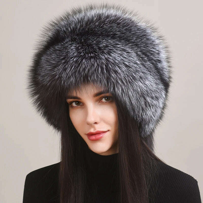 KIMLUD, Winter Women Fur Cap Real Genuine Natural Fox Fur Hats Headgear Russian Outdoor Girls Beanies Cap Ladies Warm Fashion Bomber Hat, KIMLUD Womens ClothesKIMLUD, Winter Women Fur Cap Real Genuine Natural Fox Fur Hats Headgear Russian Outdoor Girls Beanies Cap Ladies Warm Fashion Bomber Hat, silver fox fur / 54-56cm, KIMLUD APPAREL - Womens Clothes