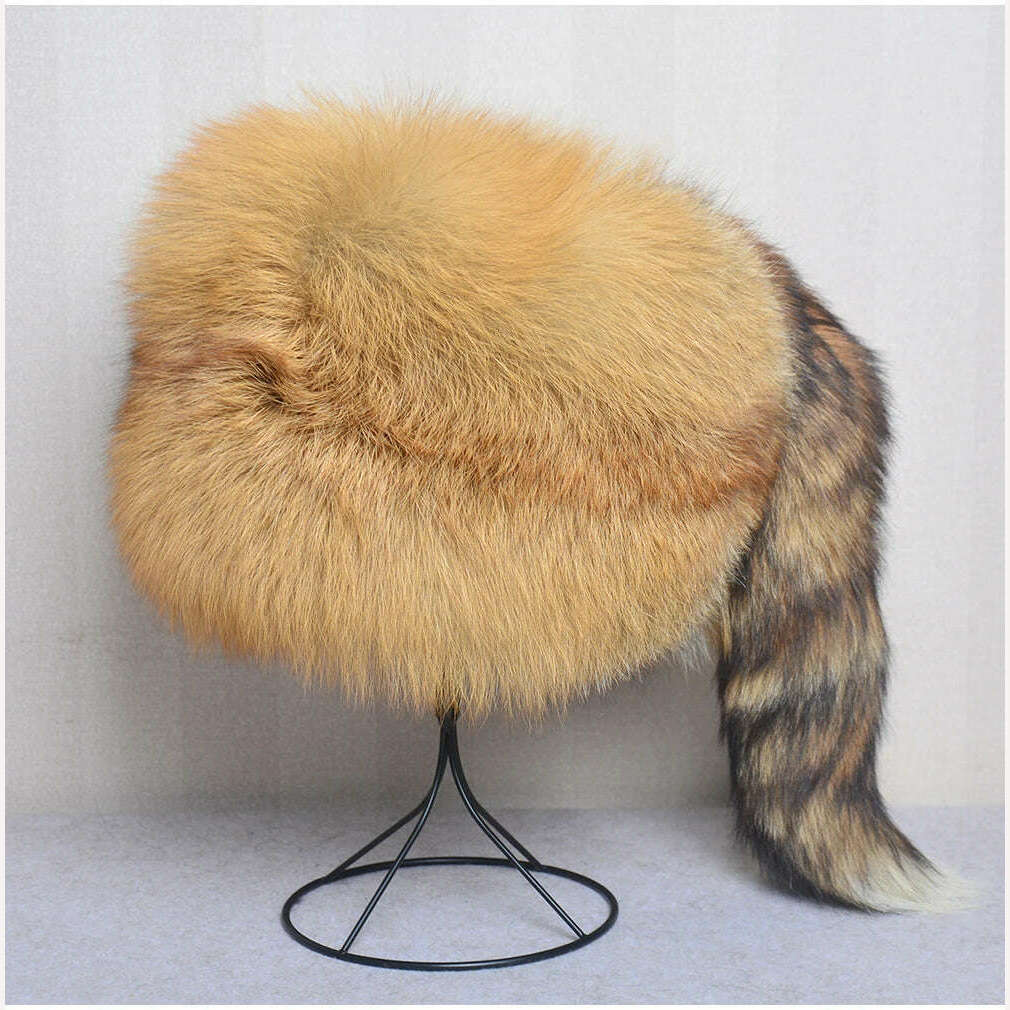 KIMLUD, Winter Women Fur Cap Real Genuine Natural Fox Fur Hats Headgear Russian Outdoor Girls Beanies Cap Ladies Warm Fashion Bomber Hat, red fox fur, KIMLUD APPAREL - Womens Clothes