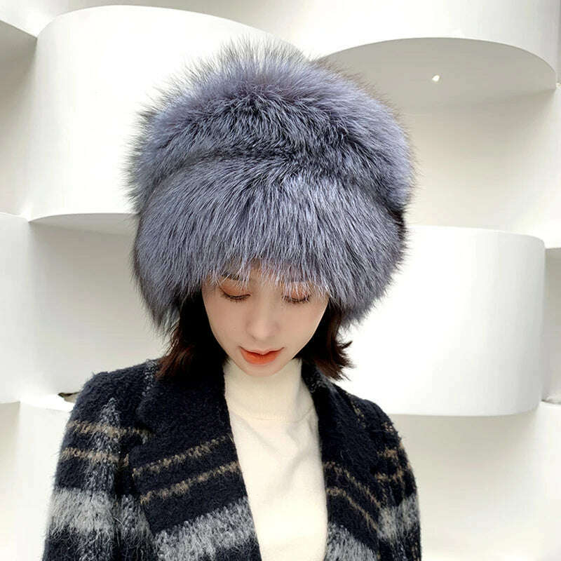 KIMLUD, Winter Women Fur Cap Real Genuine Natural Fox Fur Hats Headgear Russian Outdoor Girls Beanies Cap Ladies Warm Fashion Bomber Hat, KIMLUD Womens Clothes