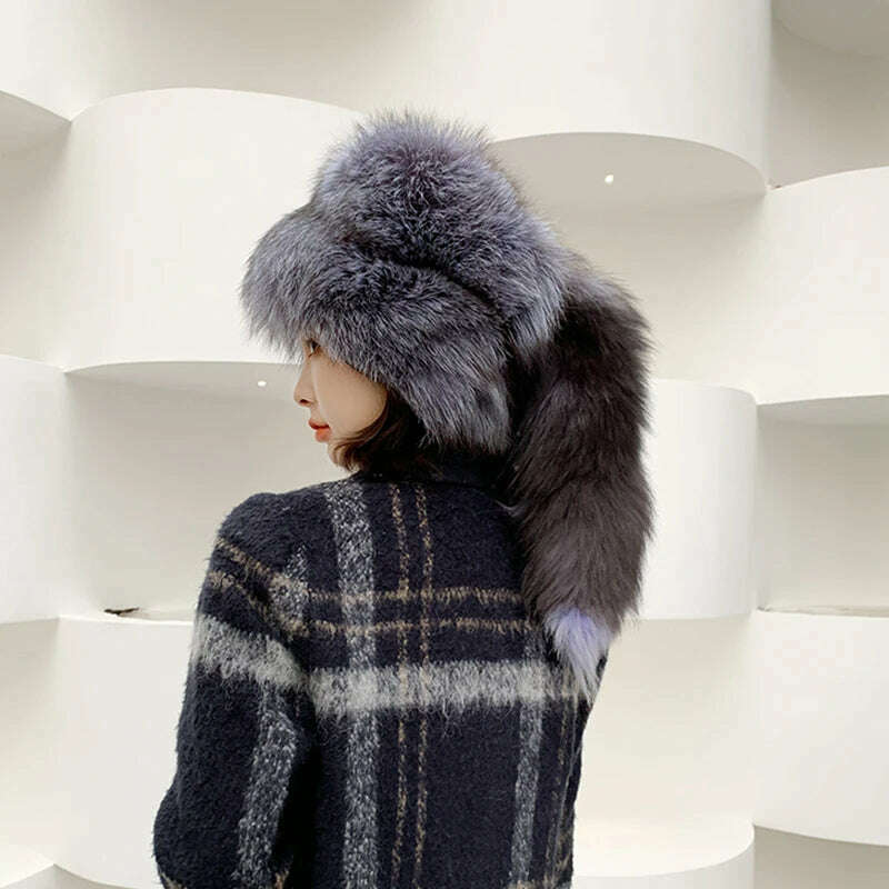 KIMLUD, Winter Women Fur Cap Real Genuine Natural Fox Fur Hats Headgear Russian Outdoor Girls Beanies Cap Ladies Warm Fashion Bomber Hat, KIMLUD Womens Clothes