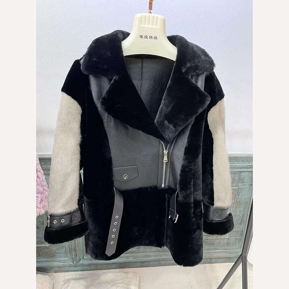 KIMLUD, Winter Women Real Natural Merino Sheep Fur Coat With Real Mink Fur Sleeve Genuine Leather Motorcyle Female Clothings, KIMLUD Womens Clothes