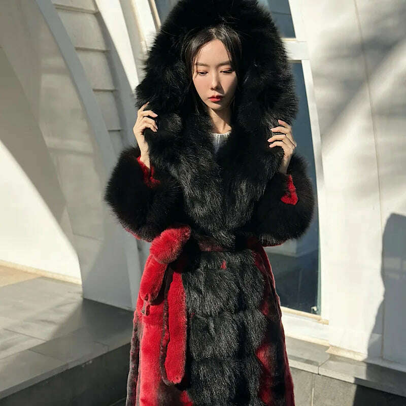 KIMLUD, Winter Women Real Rex Rabbit Fur Coats With Fox Hooded Natural Whole Skin Genuine Long Jackets Overcoat Fashion 2023 Women, KIMLUD Womens Clothes