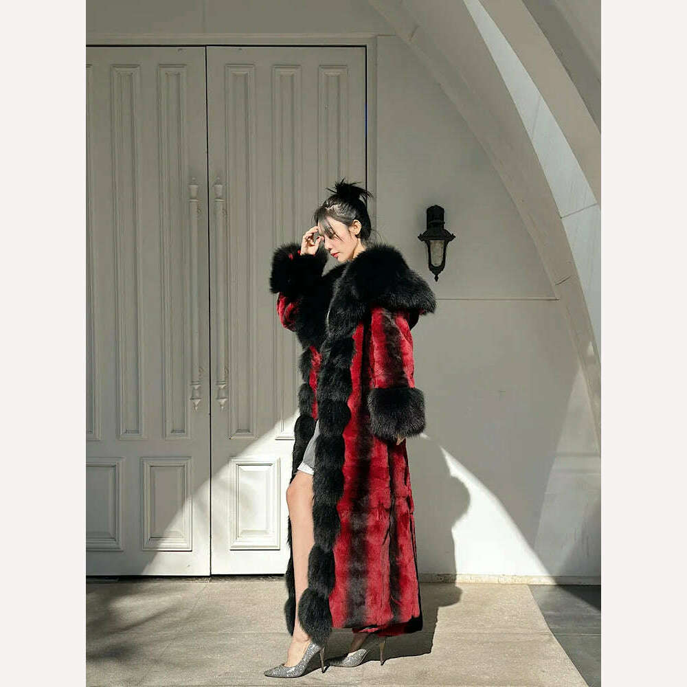 KIMLUD, Winter Women Real Rex Rabbit Fur Coats With Fox Hooded Natural Whole Skin Genuine Long Jackets Overcoat Fashion 2023 Women, KIMLUD Womens Clothes