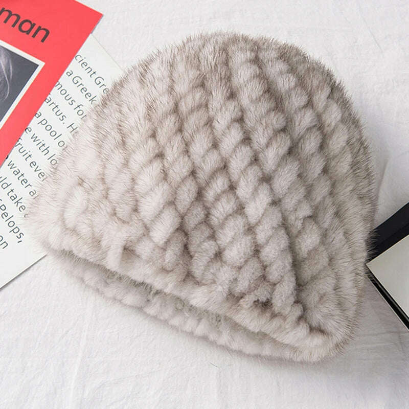 KIMLUD, Winter Womens Mink Fur Hats Natural Real Fur Knitted Cap Fashionable Fluffy Ladies Genuine Fur Beanie Female Black Fur Caps, Sunlight color, KIMLUD APPAREL - Womens Clothes