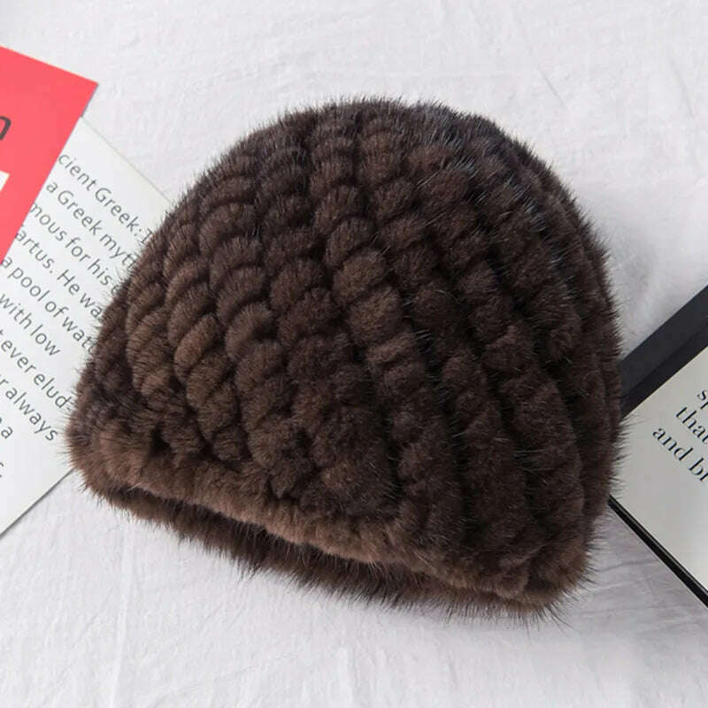 KIMLUD, Winter Womens Mink Fur Hats Natural Real Fur Knitted Cap Fashionable Fluffy Ladies Genuine Fur Beanie Female Black Fur Caps, brown, KIMLUD APPAREL - Womens Clothes