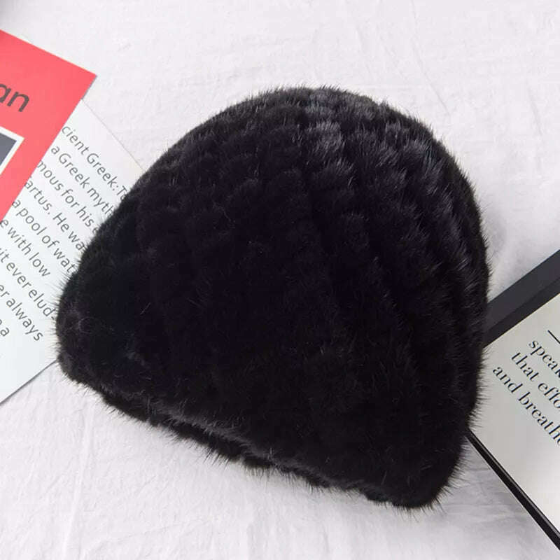 KIMLUD, Winter Womens Mink Fur Hats Natural Real Fur Knitted Cap Fashionable Fluffy Ladies Genuine Fur Beanie Female Black Fur Caps, black, KIMLUD APPAREL - Womens Clothes