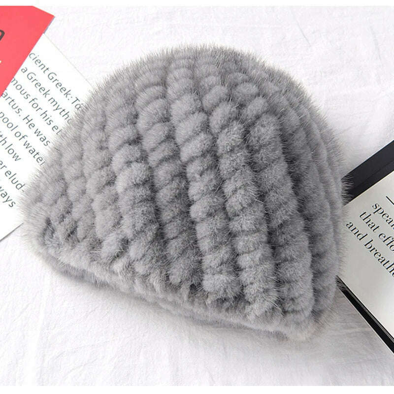 KIMLUD, Winter Womens Mink Fur Hats Natural Real Fur Knitted Cap Fashionable Fluffy Ladies Genuine Fur Beanie Female Black Fur Caps, grey, KIMLUD APPAREL - Womens Clothes