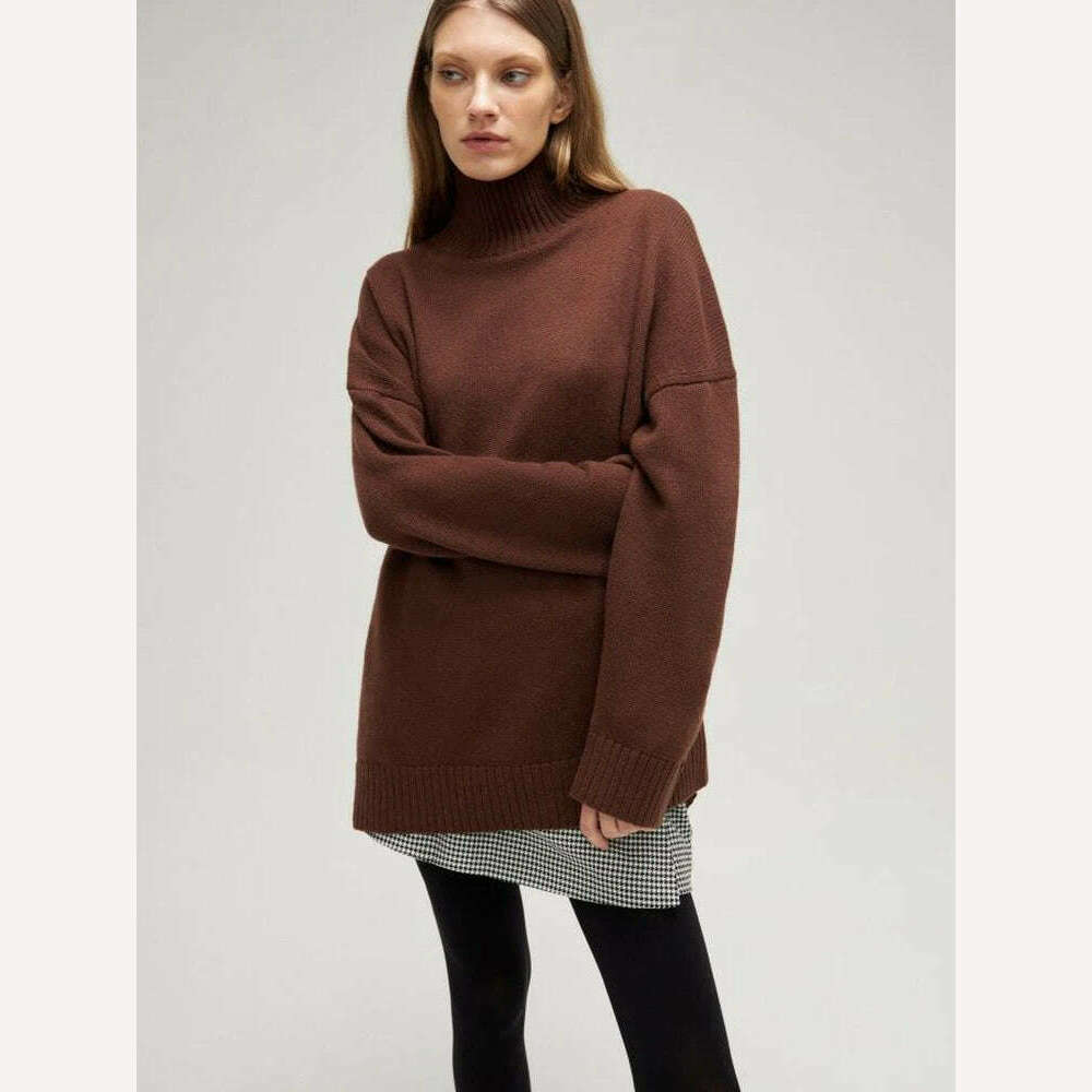 KIMLUD, Winter Women's Turtleneck Oversize Sweater Pullover Female Vintage Jumper Solid Warm Knitted Sweater Soft 2023 White Green, Brown / S, KIMLUD APPAREL - Womens Clothes