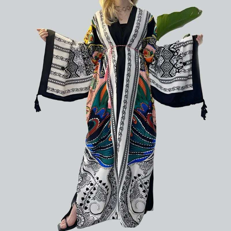 WINYI Spring dress 2021 Women KIMONO Cardigan stitch robe Cocktail sexcy Boho Maxi African Holiday Batwing Sleeve Silk Robe - KIMLUD