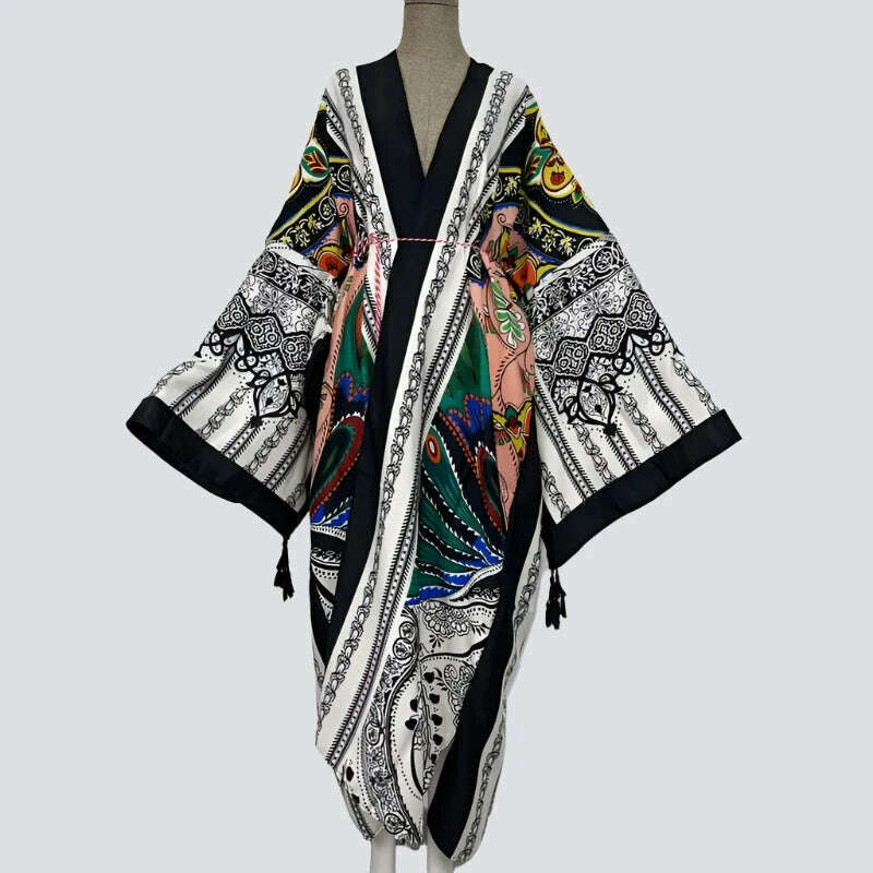 WINYI Spring dress 2021 Women KIMONO Cardigan stitch robe Cocktail sexcy Boho Maxi African Holiday Batwing Sleeve Silk Robe - KIMLUD