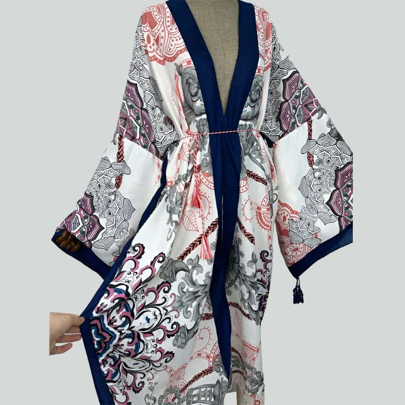 WINYI Spring dress 2021 Women KIMONO Cardigan stitch robe Cocktail sexcy Boho Maxi African Holiday Batwing Sleeve Silk Robe - KIMLUD
