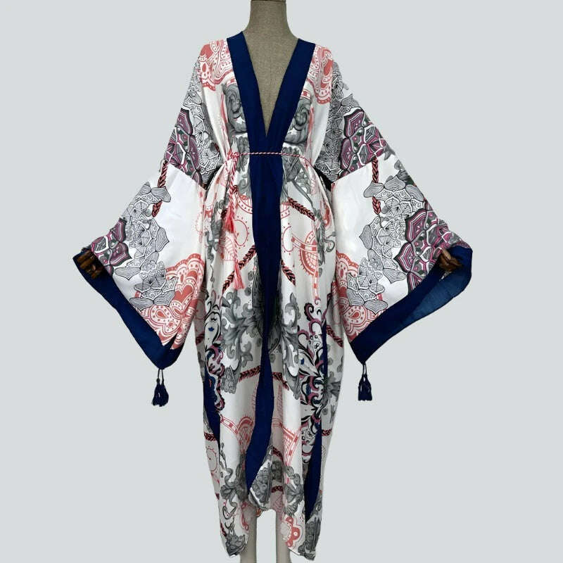 WINYI Spring dress 2021 Women KIMONO Cardigan stitch robe Cocktail sexcy Boho Maxi African Holiday Batwing Sleeve Silk Robe - KIMLUD