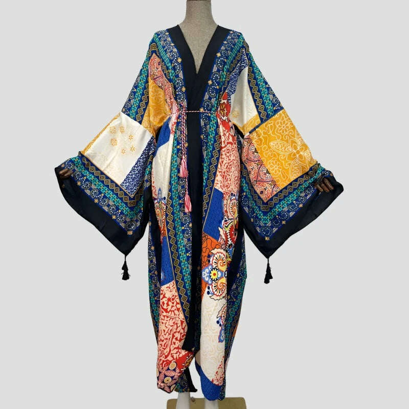 WINYI Spring dress 2021 Women KIMONO Cardigan stitch robe Cocktail sexcy Boho Maxi African Holiday Batwing Sleeve Silk Robe - KIMLUD