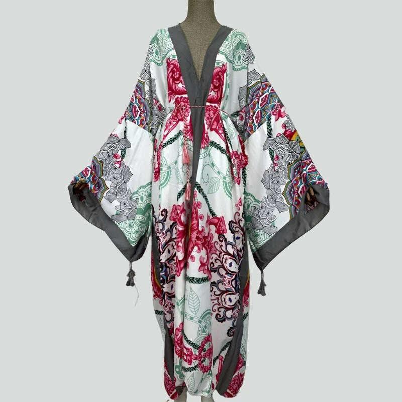 WINYI Spring dress 2021 Women KIMONO Cardigan stitch robe Cocktail sexcy Boho Maxi African Holiday Batwing Sleeve Silk Robe - KIMLUD