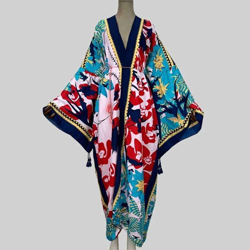 WINYI Spring dress 2021 Women KIMONO Cardigan stitch robe Cocktail sexcy Boho Maxi African Holiday Batwing Sleeve Silk Robe - KIMLUD