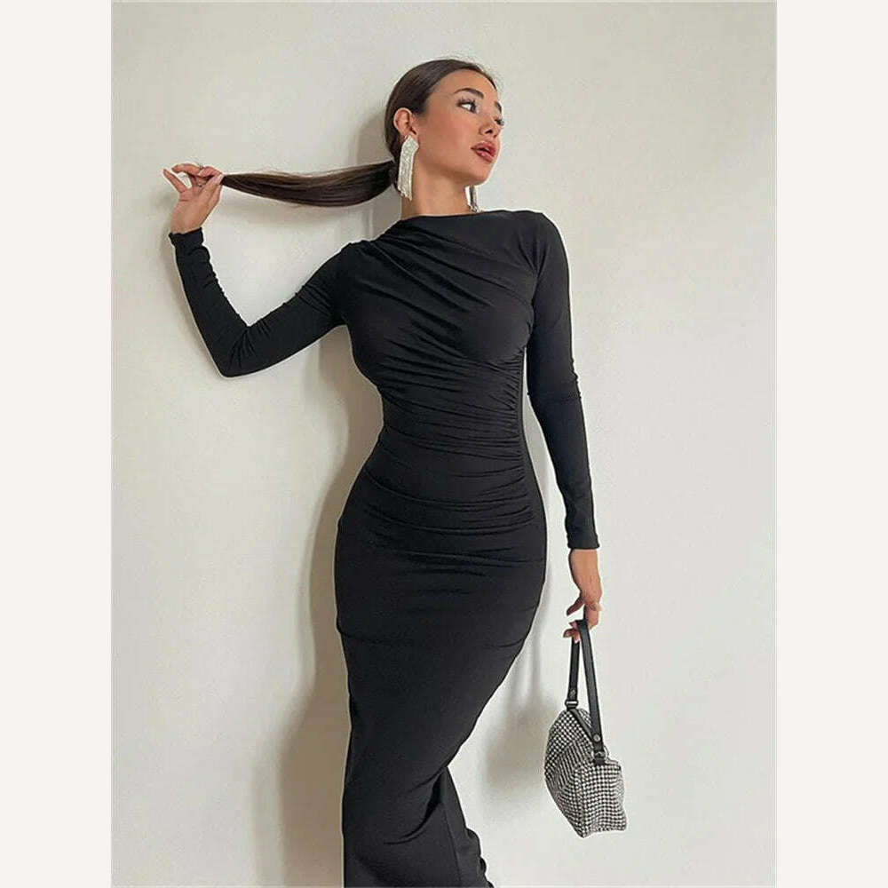 KIMLUD, WJFZQ Molid Long Sleeve Slim Prom Birthday Midi Dresses Fashion Robe Ladies Elegant Ruched Party Evening Long Dress for Women, black / S, KIMLUD Women's Clothes