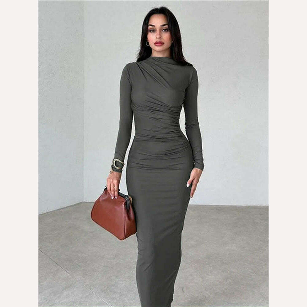 KIMLUD, WJFZQ Molid Long Sleeve Slim Prom Birthday Midi Dresses Fashion Robe Ladies Elegant Ruched Party Evening Long Dress for Women, Dark Grey / S, KIMLUD Womens Clothes