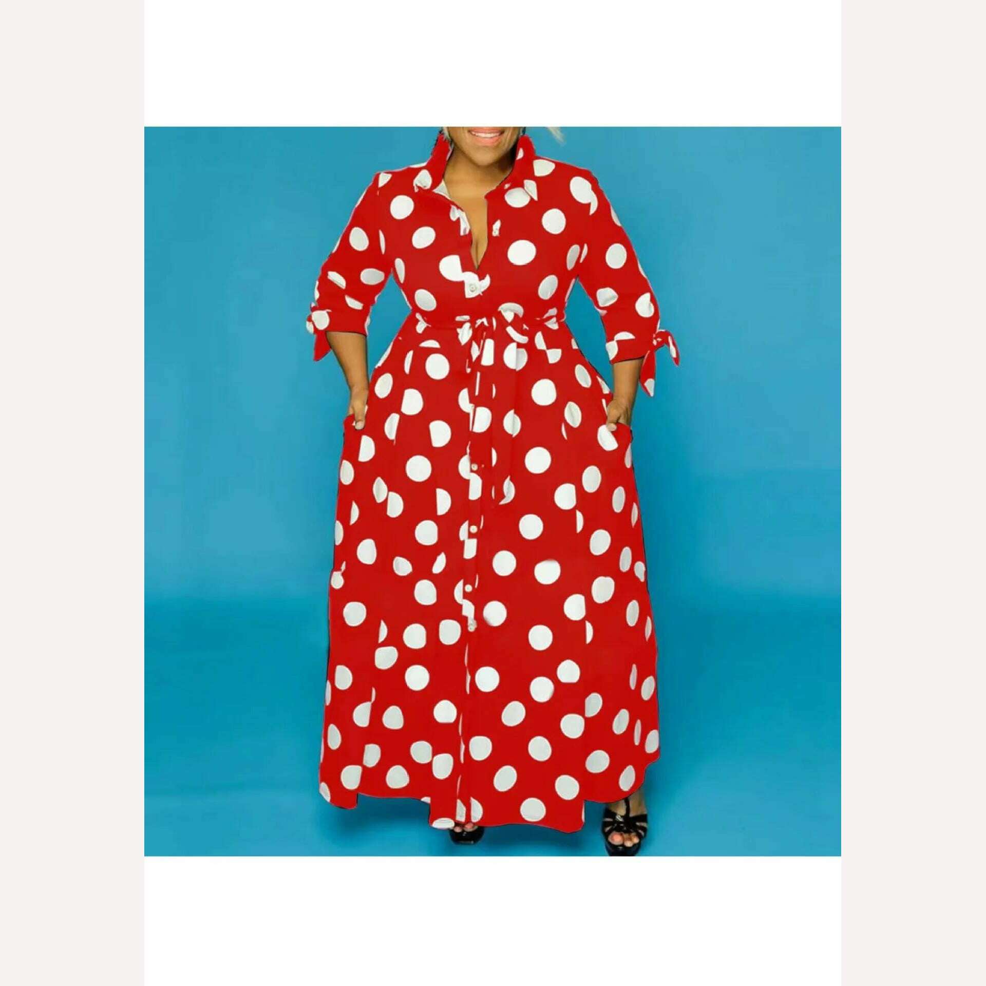 Wmstar Plus Size Dresses for Women Dot Printed with Pockets Slashes Fashion Party Maxi Dress Hot Sale Wholesale Dropshipping - KIMLUD